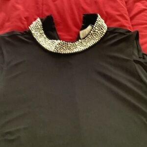 Macy's Elegant Black Top with Pearl Collar